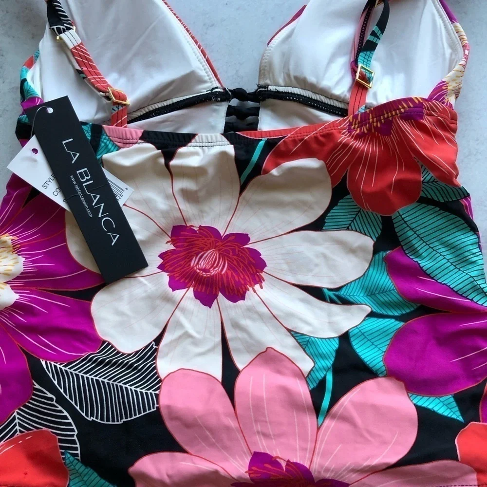 La Blanca Floral Plunge Knot Detail Tankini Top Pink Multicolored Size 4